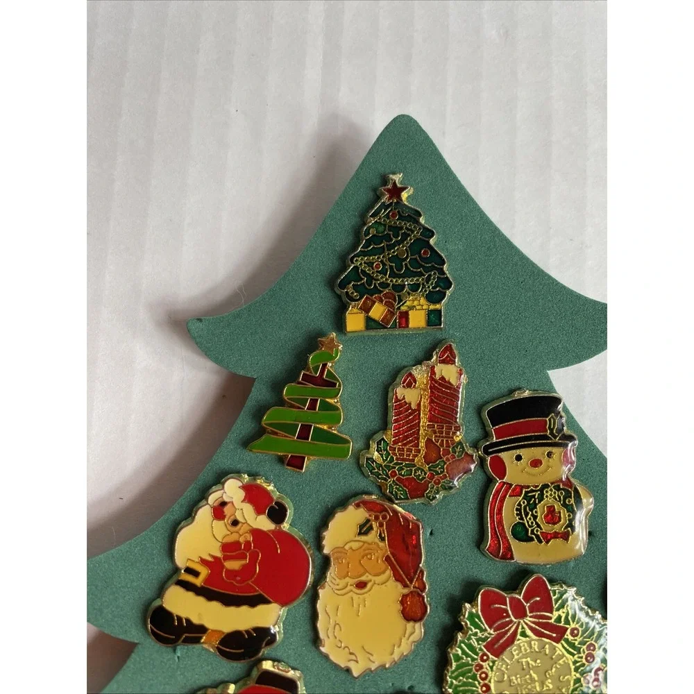 Vintage Christmas Enamel Lapel Pins Pinbacks: Wreath, Snowman, Santa, Lot Of 15